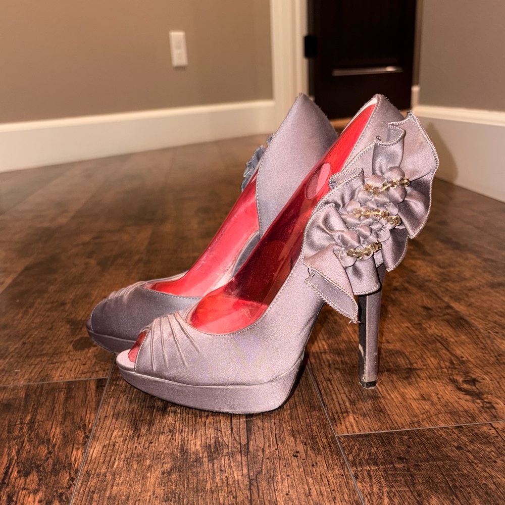 Nina Silver Peep-Toe Heels with Floral Detail